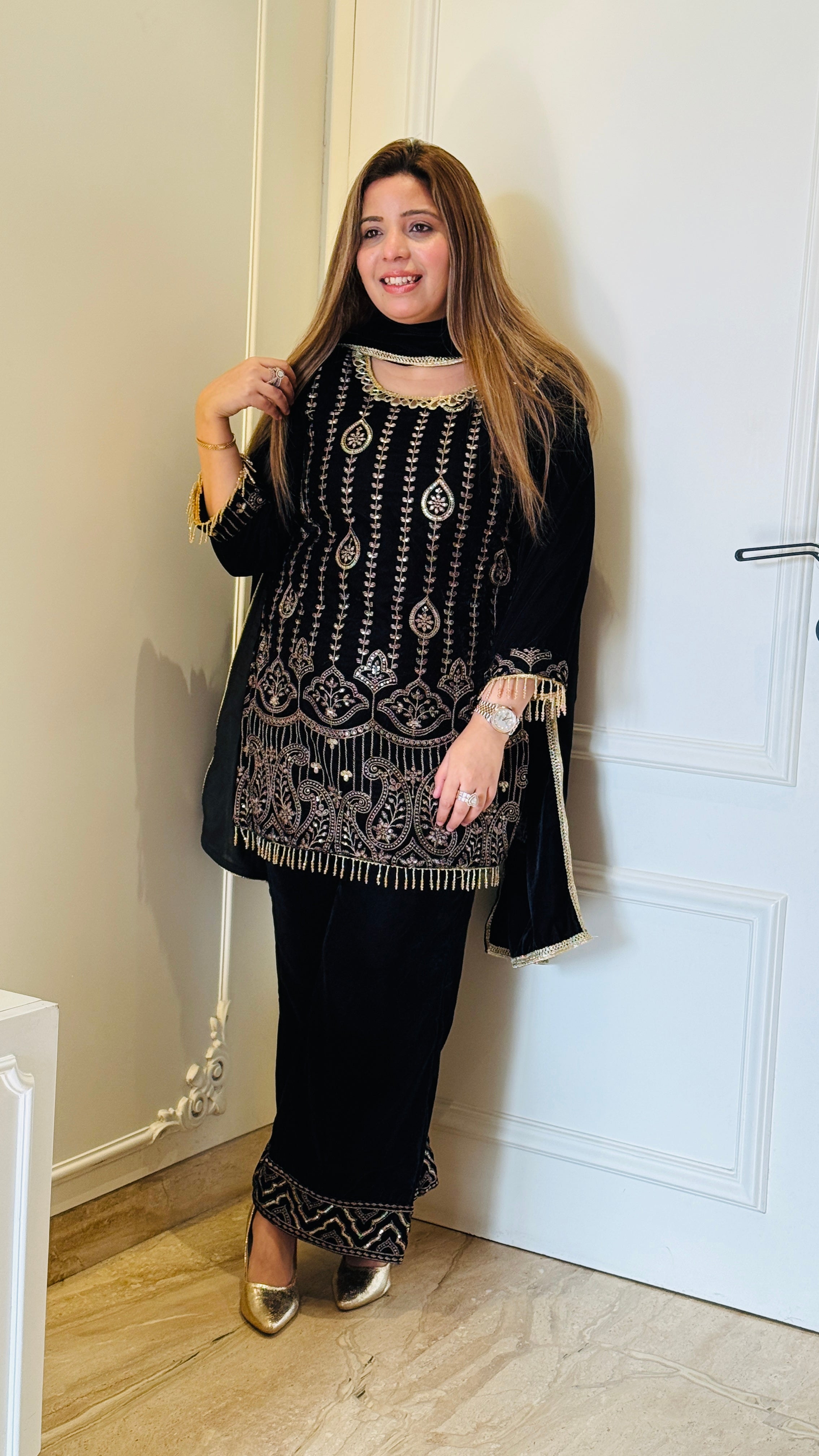 Black Velvet Brocade Pant Suit Set